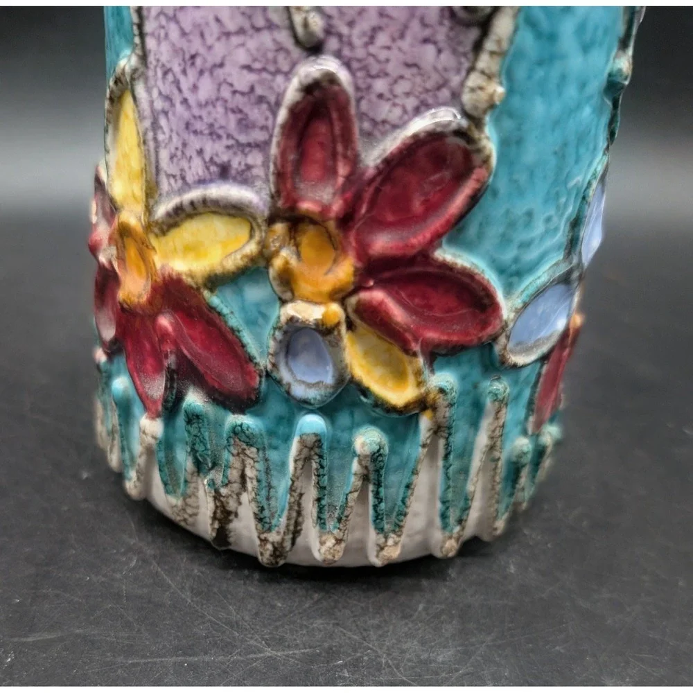 Fratelli Fanciullacci Italian Art Pottery Vase Turquoise Floral Relief 1740/W45